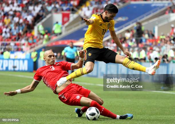 Yohan Ben Alouane of Tunisia tackles Yannick Carrasco of Belgium during the 2018 FIFA World Cup Russia group G match between Belgium and Tunisia at...