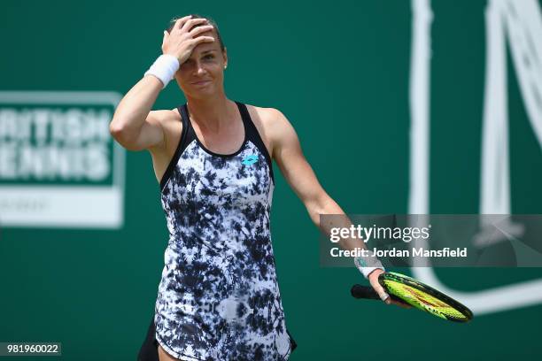 Magdalena Rybarikova of Slovakia celebrates at match point during her singles semi-final match against Barbora Strycova of the Czech Republic during...