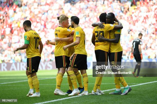 Romelu Lukaku of Belgium celebrates with teammates after scoring his team's third goal during the 2018 FIFA World Cup Russia group G match between...