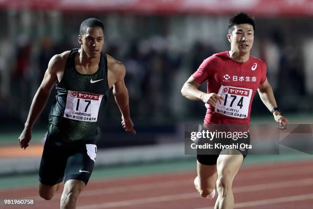 Aska Cambridge and Yoshihide Kiryu react after competing in the Men's 100m final on day two of the 102nd JAAF Athletic Championships at Ishin Me-Life...