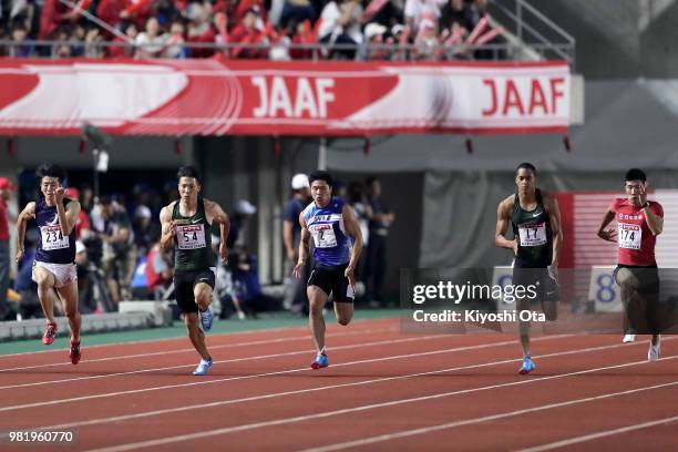 Shuhei Tada, Ryota Yamagata, Yuki Koike, Aska Cambridge and Yoshihide Kiryu compete in the Men's 100m final on day two of the 102nd JAAF Athletic...