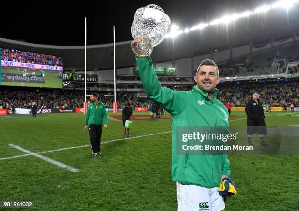 Sydney , Australia - 23 June 2018; Rob Kearney of Ireland celebrates with the Lansdowne Cup after the 2018 Mitsubishi Estate Ireland Series 3rd Test...