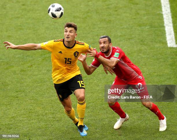 Thomas Meunier of Belgium battles for possession with Ali Maaloul of Tunisia during the 2018 FIFA World Cup Russia group G match between Belgium and...