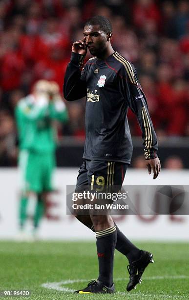 Ryan Babel of Liverpool leaves the field after being shown a red card by referee Jonas Eriksson during the UEFA Europa League, first leg match...