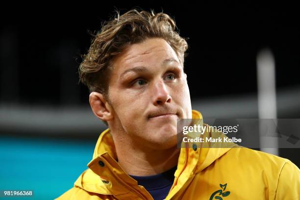 Michael Hooper of the Wallabies looks dejected after defeat in the Third International Test match between the Australian Wallabies and Ireland at...