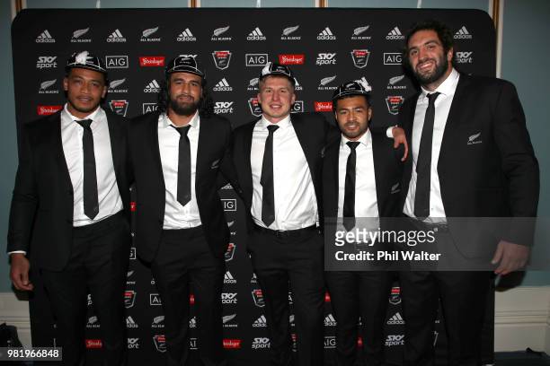 New caps Shannon Frizell, Jackson Hemopo, Jack Goodhue and Richie Mo'unga pose with their caps with captain Sam Whitelock following the International...