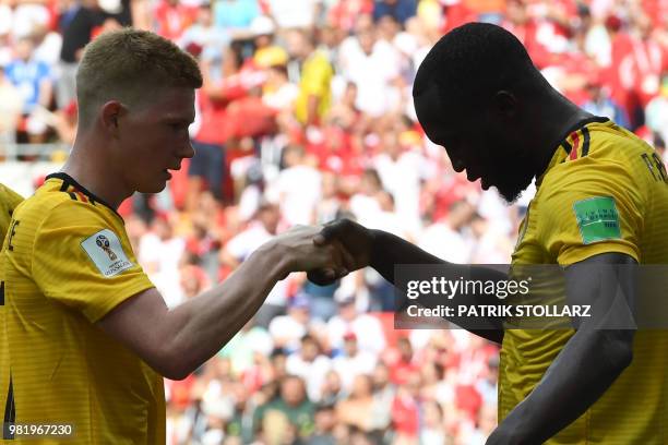 Belgium's forward Romelu Lukaku celebrates with midfielder Kevin De Bruyne after scoring during the Russia 2018 World Cup Group G football match...