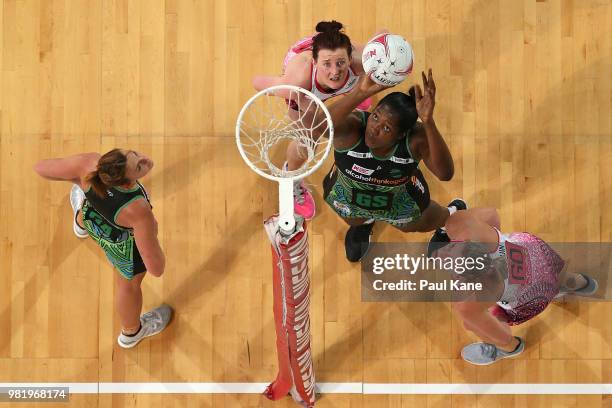 Jhaniele Fowler of the Fever shoots the ball during the round eight Super Netball match between the Fever and the Thunderbirds at Perth Arena on June...