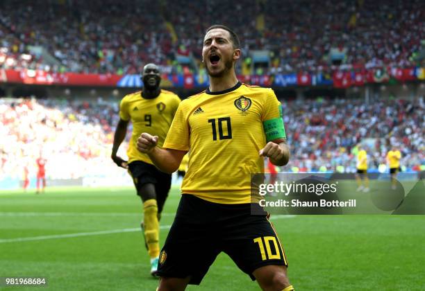 Eden Hazard of Belgium celebrates after scoring his team's fourth goal during the 2018 FIFA World Cup Russia group G match between Belgium and...