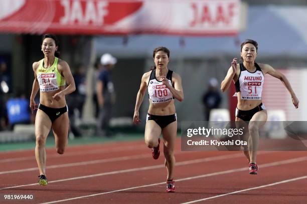 Chisato Fukushima, Nodoka Seko and Kana Ichikawa compete in the Women's 100m final on day two of the 102nd JAAF Athletic Championships at Ishin...