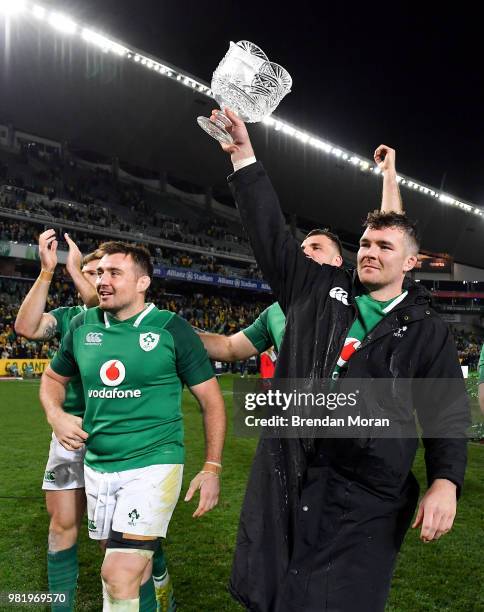 Sydney , Australia - 23 June 2018; Ireland captain Peter O'Mahony with the Lansdowne Cup after the 2018 Mitsubishi Estate Ireland Series 3rd Test...