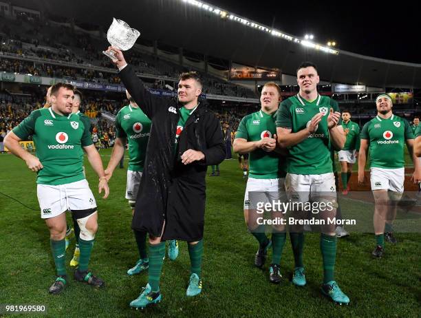 Sydney , Australia - 23 June 2018; Ireland captain Peter O'Mahony with the Lansdowne Cup after the 2018 Mitsubishi Estate Ireland Series 3rd Test...
