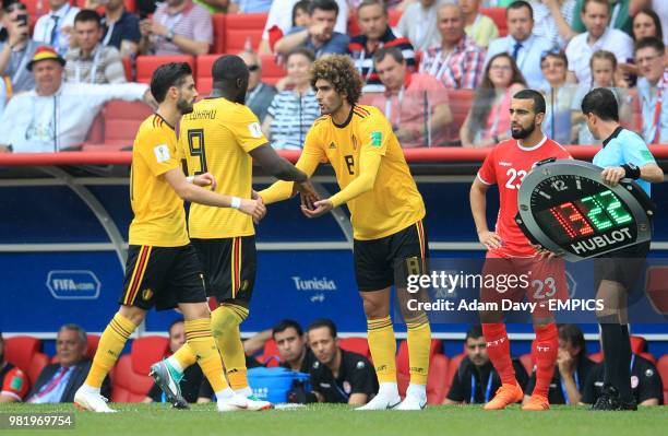 Belgium substitute Marouane Fellaini replaces team-mate Romelu Lukaku Belgium v Tunisia - FIFA World Cup 2018 - Group G - Spartak Stadium .