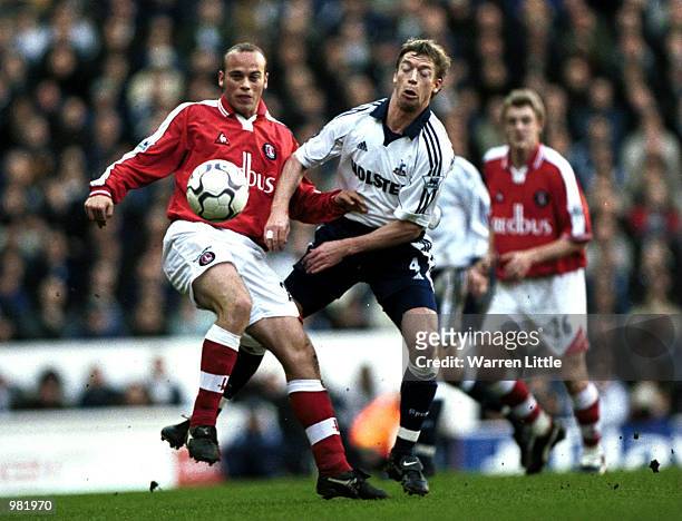 Claus Jensen of Charlton clashes with Steffen Freund of Tottenham Hotspur during the FA Carling Premiership match between Tottenham Hotspur v...