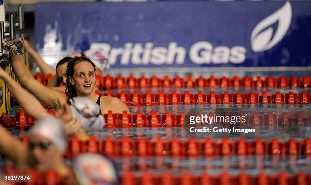 Francesca Halsall of Loughborough University relaxes after winning the Final of the Womens Open 100m Butterfly during the British Gas Swimming...