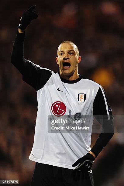 Bobby Zamora of Fulham calls for the ball during the UEFA Europa League quarter final first leg match between Fulham and Vfl Wolfsburg at Craven...