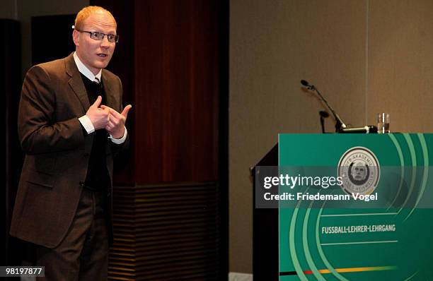 Matthias Sammer gives a speech at the Inter Conti hotel on April 1, 2010 in Cologne, Germany.