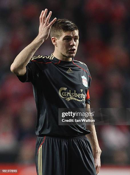 Steven Gerrard of Liverpool gestures during the UEFA Europa League, first leg match between Benfica and Liverpool at Estadio de Luz Stadium on April...