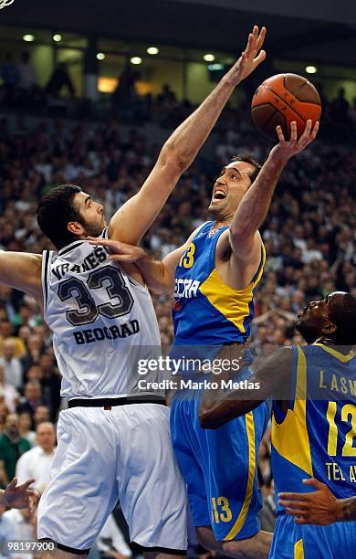 Chuck Eidson, #13 of Maccabi Electra Tel Aviv looks to shoot past Slavko Vranes, #33 of Partizan Belgrade during the Euroleague Basketball 2009-2010...