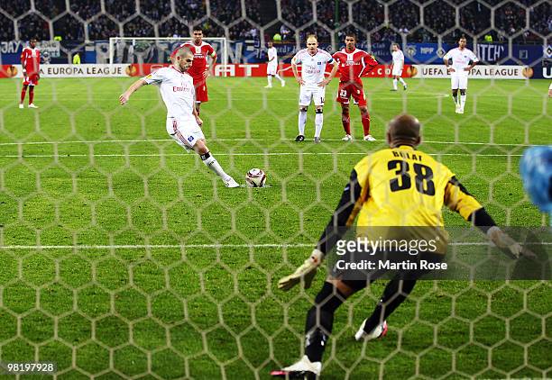 Mladen Petric of Hamburg scores his team's 1st goal during the UEFA Europa League quarter final first leg match between Hamburger SV and Standard...