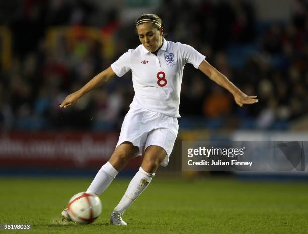 Fara Williams of England shoots at goal during the Women's World Cup Qualifier match between England and Spain at the New Den on April 1, 2010 in...