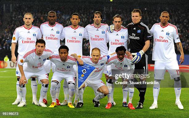 The team of Hamburg poses during the UEFA Europa League quarter final, first leg match between Hamburger SV and Standard Liege at HSH Nordbank Arena...
