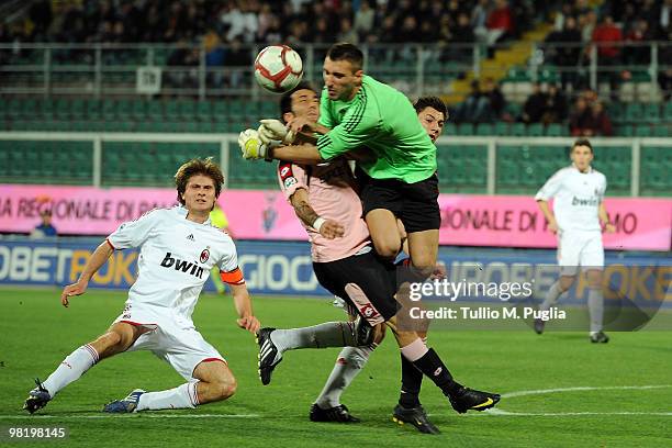 Marco Giovio of Palermo and Antonio Donnarumma goalkeeper of Milan compete for the ball during the Juvenile Tim Cup Final, First Leg match between...