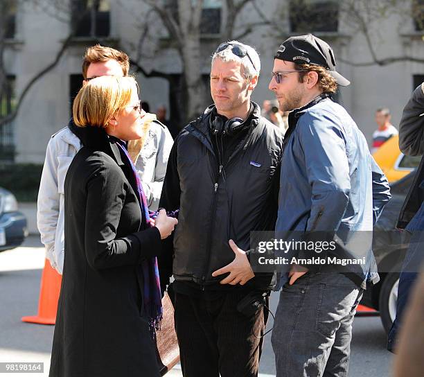 Abbie Cornish, director Neil Burger and Bradley Cooper are seen on the set of the film The Dark Fields April 1, 2010 in New York City.