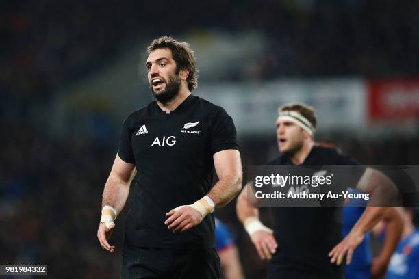 Sam Whitelock of the All Blacks reacts during the International Test match between the New Zealand All Blacks and France at Forsyth Barr Stadium on...