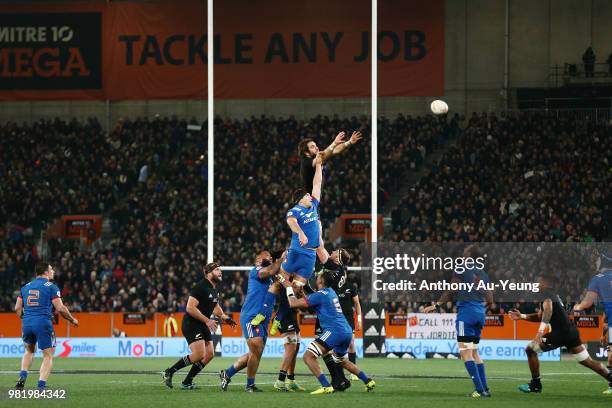 Sam Whitelock of the All Blacks competes at the lineout against Kelian Galletier of France during the International Test match between the New...