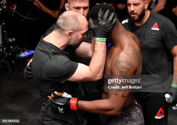 Ovince Saint Preux prepares to fight Tyson Pedro of Australia in their light heavyweight bout during the UFC Fight Night event at the Singapore...