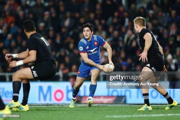 Anthony Belleau of France runs the ball during the International Test match between the New Zealand All Blacks and France at Forsyth Barr Stadium on...