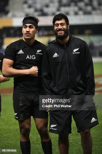 Reiko Ioane and Akira Ioane of the New Zealand All Blacks following the International Test match between the New Zealand All Blacks and France at...