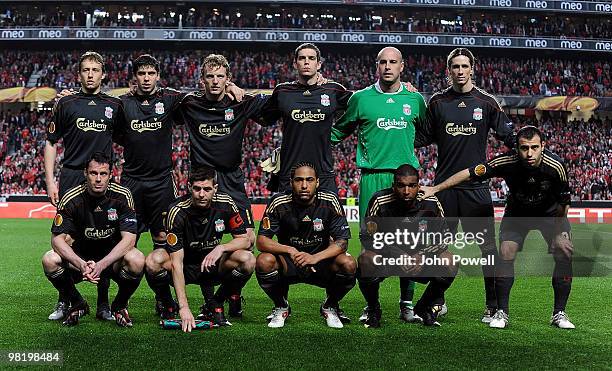 The Liverpool FC squad line-up for a photograph before the UEFA Europa League quarter final first leg match between Benfica and Liverpool at Estadio...