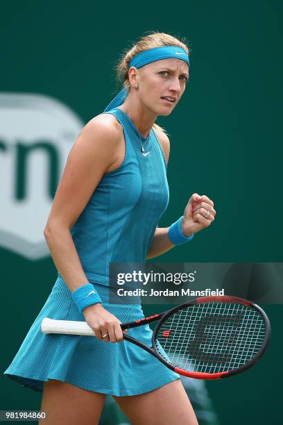 Petra Kvitova of the Czech Republic celebrates a point during her singles semi-final match against Mihaela Buzarnescu of Romania during day eight of...