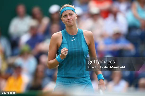 Petra Kvitova of the Czech Republic celebrates a point during her singles semi-final match against Mihaela Buzarnescu of Romania during day eight of...