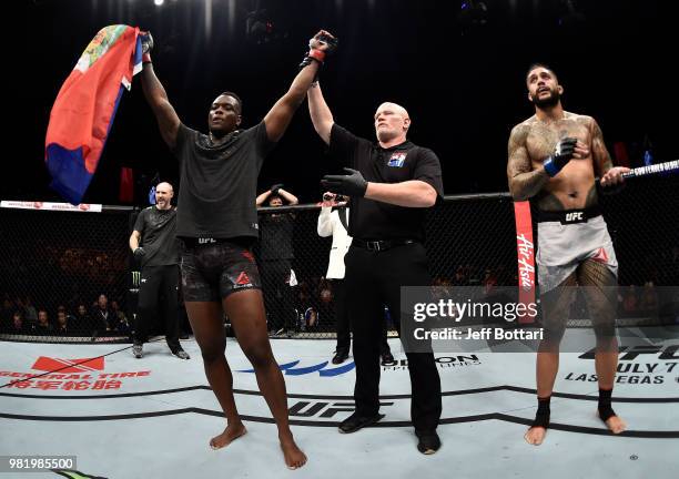 Ovince Saint Preux celebrates after his submission victory over Tyson Pedro of Australia in their light heavyweight bout during the UFC Fight Night...