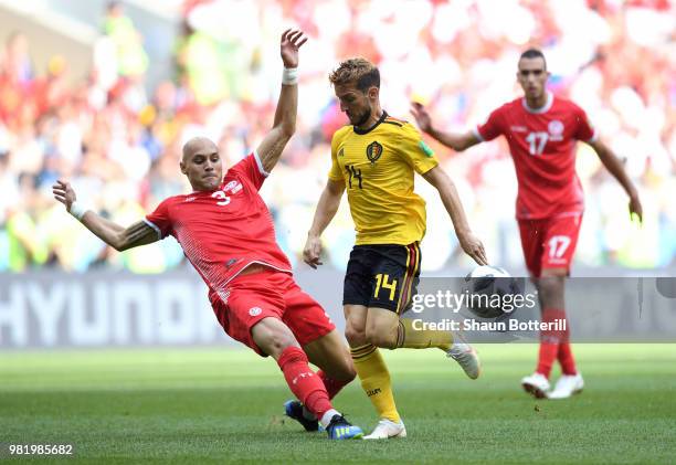 Yohan Ben Alouane of Tunisia tackles Dries Mertens of Belgium during the 2018 FIFA World Cup Russia group G match between Belgium and Tunisia at...