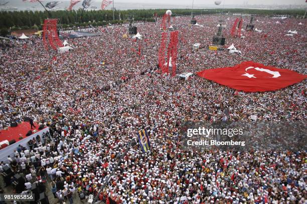 Crowds gather as Muharrem Ince, presidential candidate backed by the Secular Republican People's Party , speaks during his last pre election campaign...