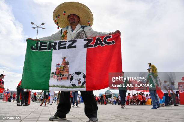 Mexico's fan poses as he arrives for the Russia 2018 World Cup Group F football match between South Korea and Mexico at the Rostov Arena in...