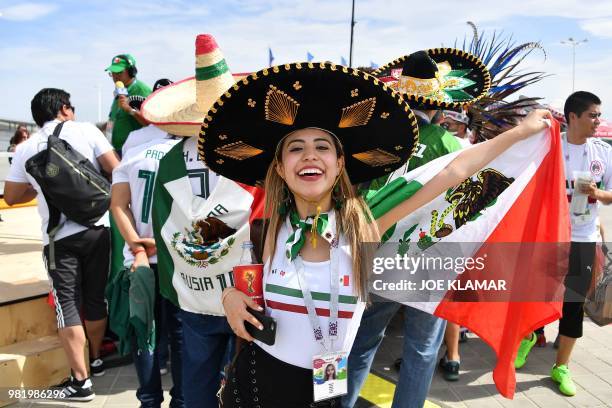 Mexico's fan pose as they arrive for the Russia 2018 World Cup Group F football match between South Korea and Mexico at the Rostov Arena in...