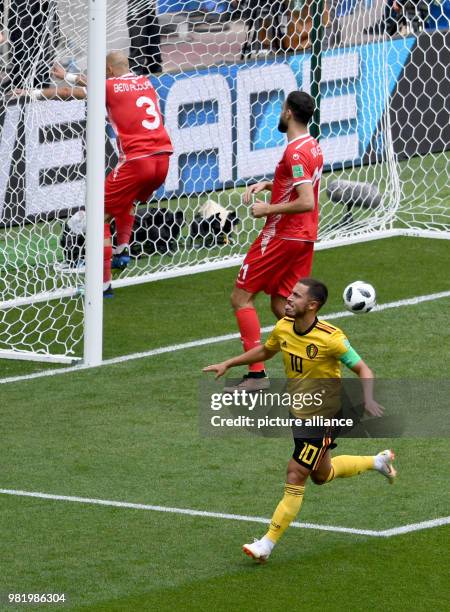 June 2018, Russia, Moscow: Soccer: FIFA World Cup, Group G, 2nd matchday, Belgium vs Tunisia at Spartak Stadium: Eden Hazard from Belgium scores the...