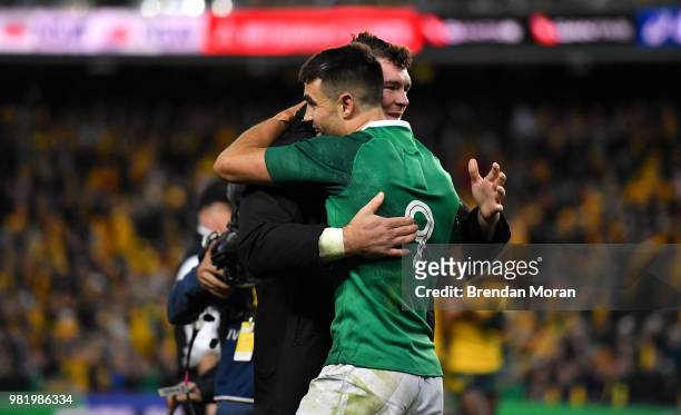 Sydney , Australia - 23 June 2018; Ireland captain Peter O'Mahony, right, and Conor Murray celebrate after the 2018 Mitsubishi Estate Ireland Series...