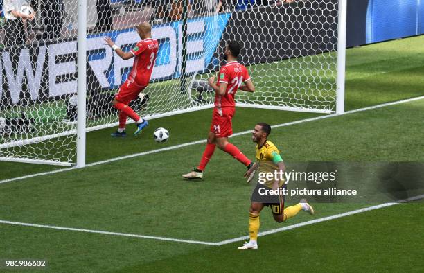 June 2018, Russia, Moscow: Soccer: FIFA World Cup, Group G, 2nd matchday, Belgium vs Tunisia at Spartak Stadium: Eden Hazard from Belgium scores the...