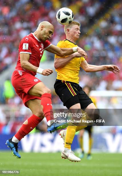 Yohan Ben Alouane of Tunisia wins a header over Kevin De Bruyne of Belgium during the 2018 FIFA World Cup Russia group G match between Belgium and...