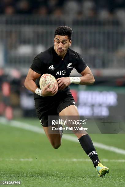 Reiko Ioane of the All Blacks makes a break during the International Test match between the New Zealand All Blacks and France at Forsyth Barr Stadium...