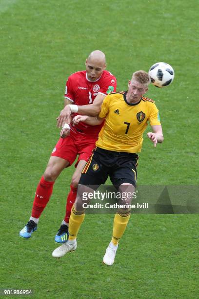 Yohan Ben Alouane of Tunisia wins a header over Kevin De Bruyne of Belgium during the 2018 FIFA World Cup Russia group G match between Belgium and...