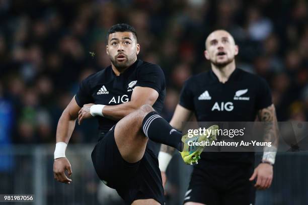 Richie Mo'unga of the All Blacks puts the ball to touch during the International Test match between the New Zealand All Blacks and France at Forsyth...