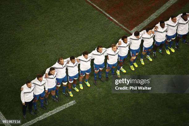 France line up for the National Anthems during the International Test match between the New Zealand All Blacks and France at Forsyth Barr Stadium on...