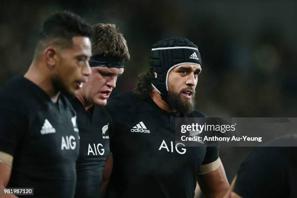 Jackson Hemopo of the All Blacks looks on during the International Test match between the New Zealand All Blacks and France at Forsyth Barr Stadium...